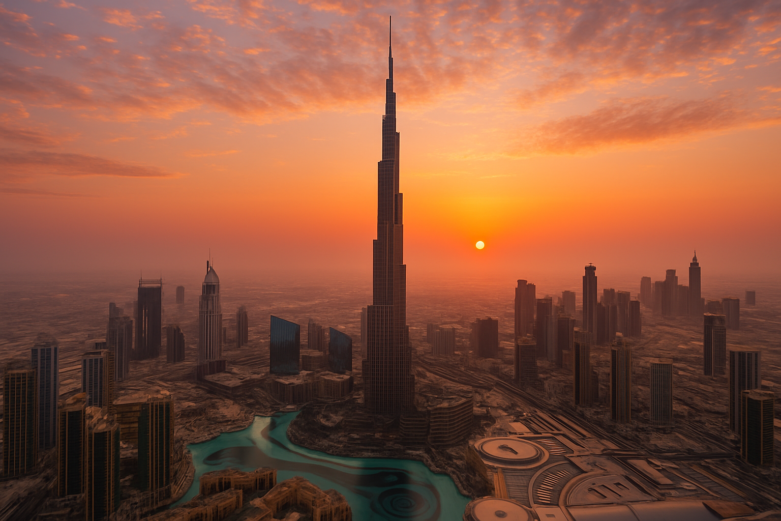 Burj Khalifa towering over Dubai cityscape at sunset