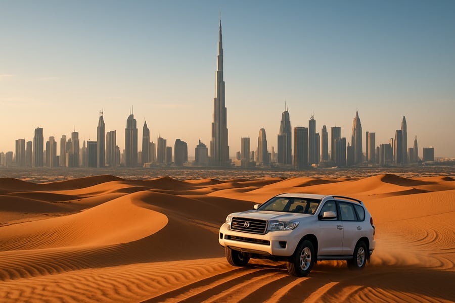 Dubai city skyline with Burj Khalifa and desert adventure Dubai city skyline with Burj Khalifa and desert adventure