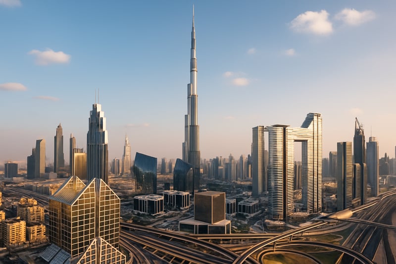 Iconic Dubai skyline featuring Burj Khalifa and modern architecture.
