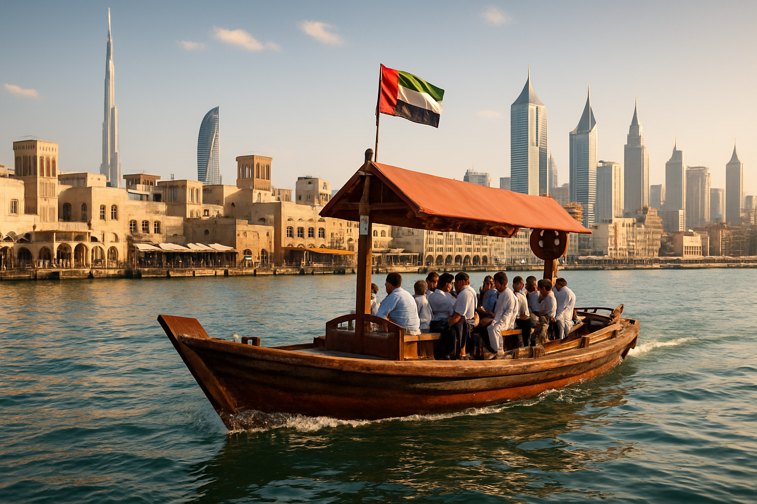 Traditional abra boat cruising along Dubai Creek