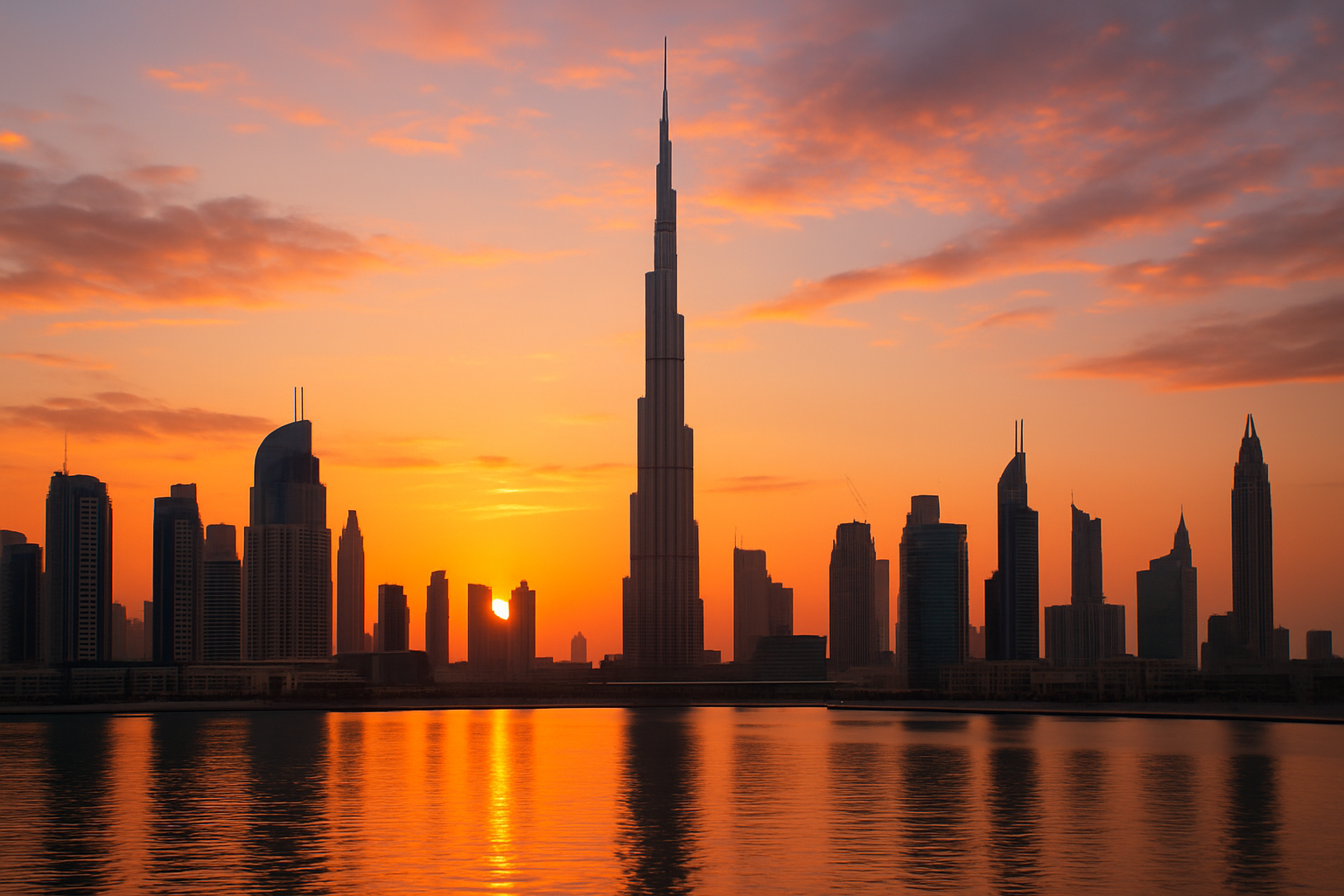 Modern Dubai skyline with iconic Burj Khalifa during sunset