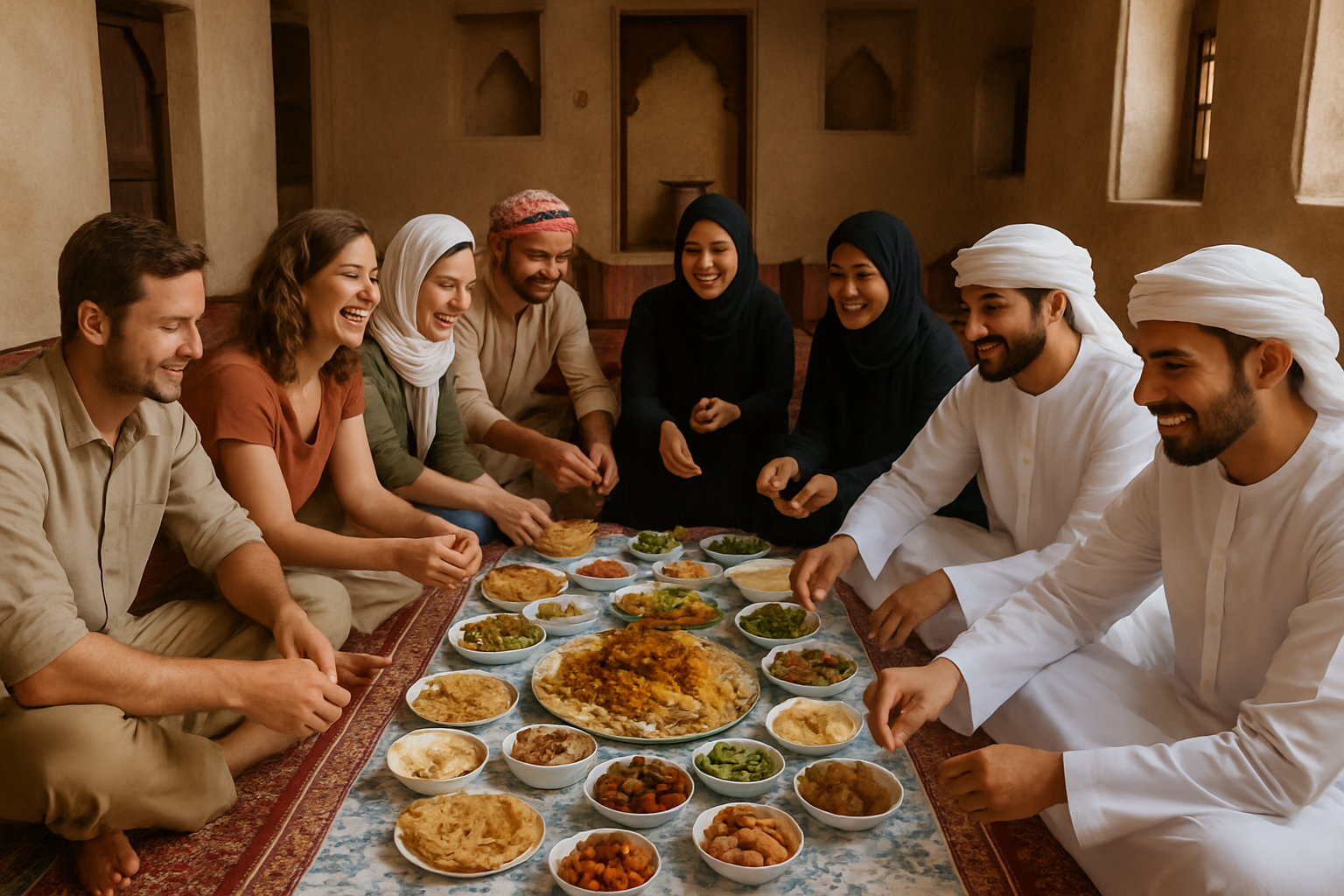 Tour group enjoying authentic Emirati cuisine in a traditional majlis
